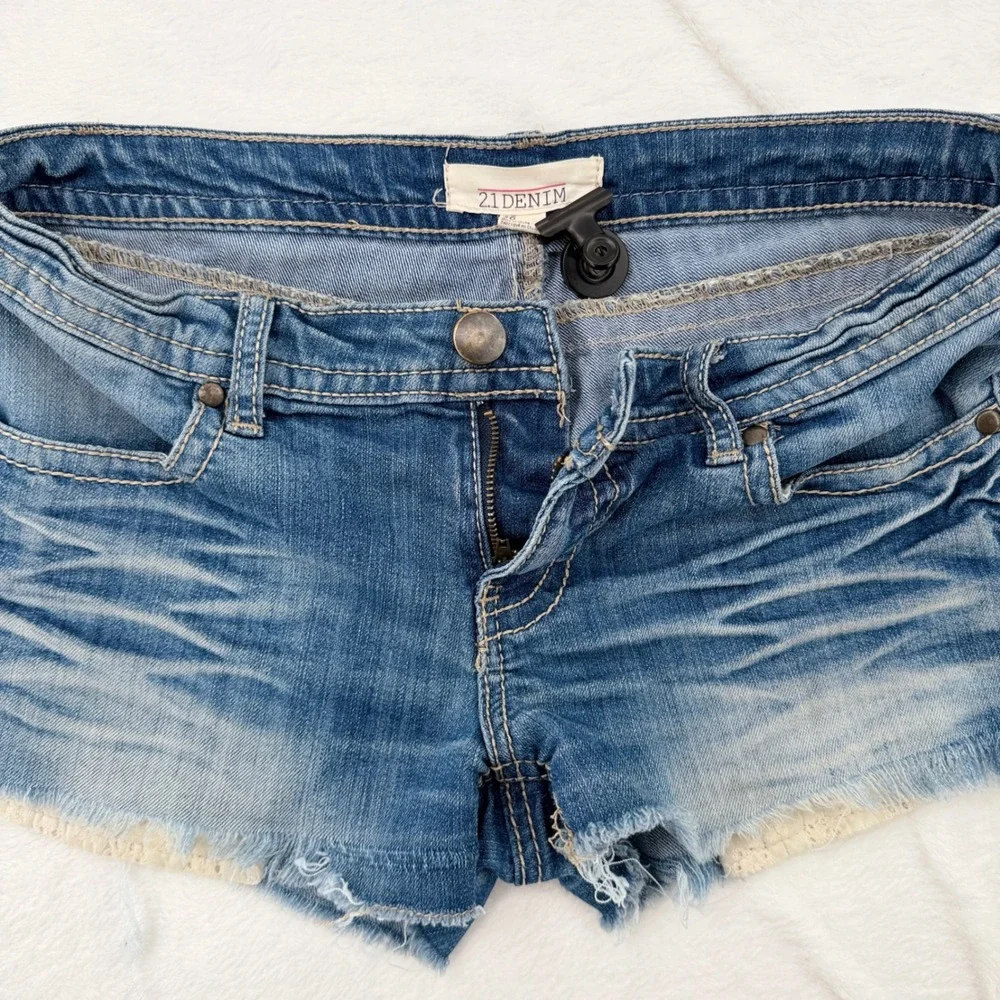 Forever 21 Crochet Denim Shorts Cutoff Distressed High Rise Festival Coquette 29